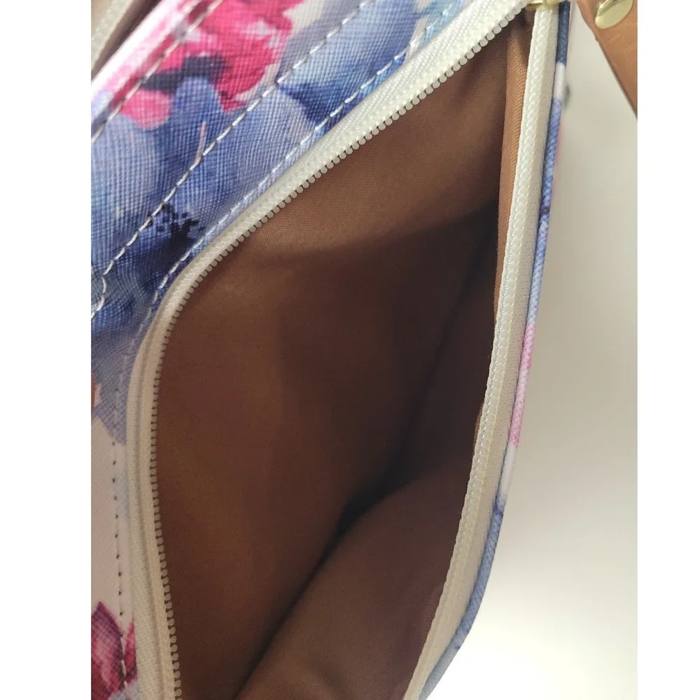 Bueno Floral Crossbody Bag Pink Blue Watercolor Flower Print Tan Faux Leather